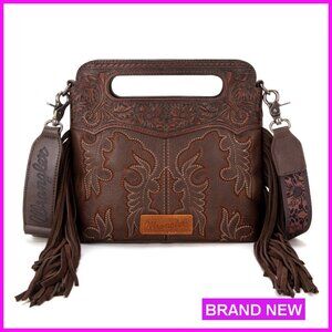 Western Fringe Crossbody Bag Embroidered Tooled Leather Top Handle Handbag